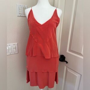 Paula Hermany silk coral strappy mini dress. Beautiful back- becoming detail.